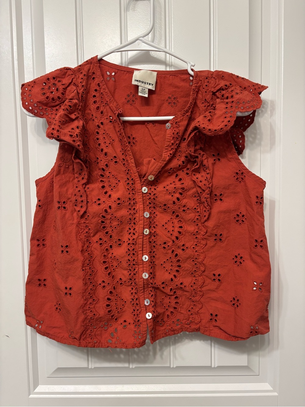 Burnt orange Eyelet Ruffle Button-Front Women's Top